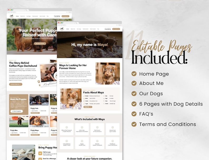 Puede incluir: Una plantilla de dise&ntilde;o web con cachorros de perro salchicha. El dise&ntilde;o incluye m&uacute;ltiples p&aacute;ginas con contenido sobre los cachorros, incluyendo una p&aacute;gina de inicio, sobre m&iacute;, detalles del perro, preguntas frecuentes y t&eacute;rminos. El texto incluye "Tu cachorro perfecto criado con cuidado."