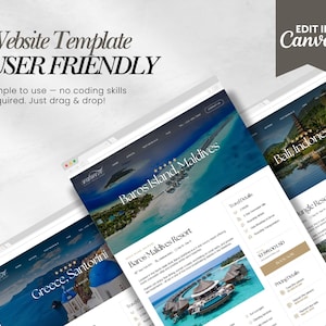May include: A website template design with the text "Website Template USER FRIENDLY" and "Edit in Canva." The template showcases travel destinations like Baros Island, Maldives, Greece, Santorini, and Bali, Indonesia. The design is user-friendly, with drag-and-drop functionality.