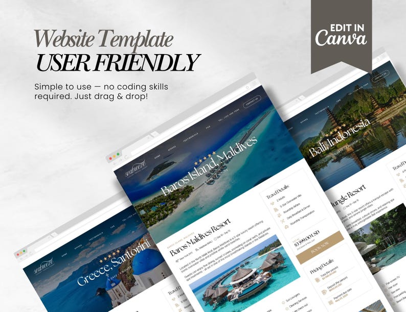 May include: A website template design with the text "Website Template USER FRIENDLY" and "Edit in Canva." The template showcases travel destinations like Baros Island, Maldives, Greece, Santorini, and Bali, Indonesia. The design is user-friendly, with drag-and-drop functionality.