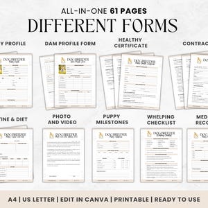 May include: A set of printable forms for dog breeders, including puppy profile, dam profile, health certificate, contract, routine and diet, photo and video, puppy milestones, whelping checklist, and medical records. The forms are designed in a modern style with a gold and white colour scheme and the text "Dog Breeder" at the top of each form.