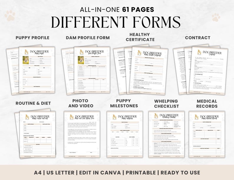 May include: A set of printable forms for dog breeders, including puppy profile, dam profile, health certificate, contract, routine and diet, photo and video, puppy milestones, whelping checklist, and medical records. The forms are designed in a modern style with a gold and white colour scheme and the text "Dog Breeder" at the top of each form.