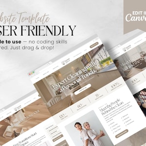 May include: A website template design with the text "Website Template USER FRIENDLY" and "Simple to use - no coding skills required. Just drag & drop!". The design features multiple website mockups with cleaning service content and the words "EDIT IN Canva".