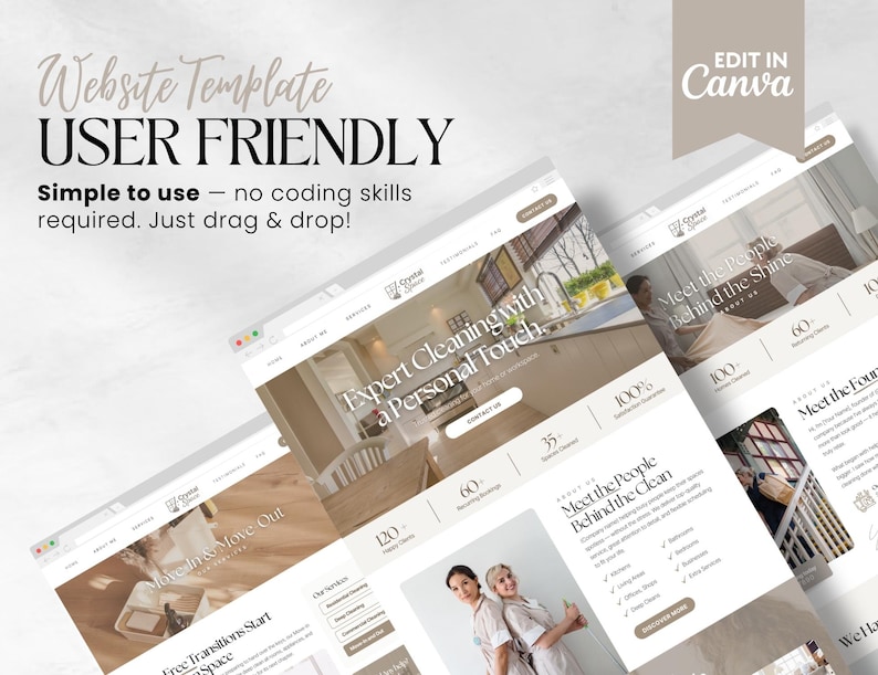May include: A website template design with the text "Website Template USER FRIENDLY" and "Simple to use - no coding skills required. Just drag & drop!". The design features multiple website mockups with cleaning service content and the words "EDIT IN Canva".
