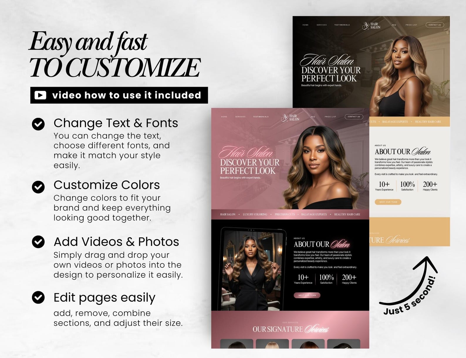 Hair Salon Website Template, Canva Template, Luxury Hair Design, Hair