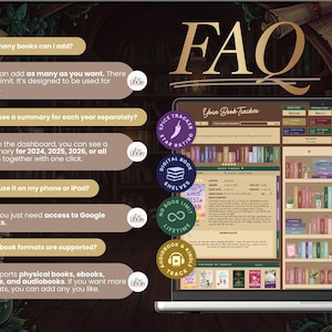 May include: A digital FAQ graphic for a book tracker, featuring the text "FAQ" in gold. The screen displays a bookshelf interface with options for tracking books, including physical books, ebooks, Kindle, and audiobooks.