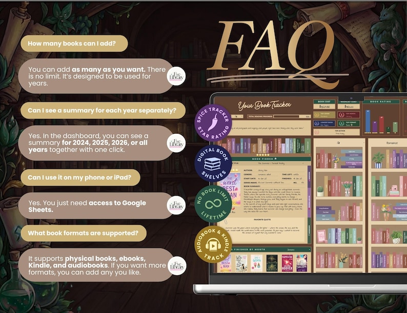 May include: A digital FAQ graphic for a book tracker, featuring the text "FAQ" in gold. The screen displays a bookshelf interface with options for tracking books, including physical books, ebooks, Kindle, and audiobooks.