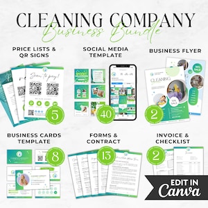 Kit de iniciação para negócios de limpeza, lista de preços de empresas de limpeza, contrato de limpeza, kit de mídia social, formulários de serviços de limpeza, folheto de limpeza
