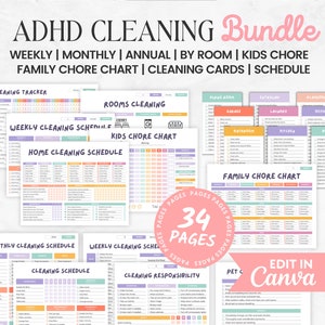 ADHD-schoonmaakbundel, afdrukbare schoonmaakchecklist, klusschema voor volwassenen, gezinskarweienschema, bewerkbaar schoonmaakschema, wekelijkse schoonmaak
