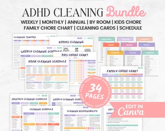 May include: A printable bundle of 34 pages of cleaning checklists and schedules for organizing your home. The bundle includes weekly, monthly, and annual cleaning schedules, as well as checklists for different rooms and chores. The checklists are designed to help people with ADHD manage their cleaning tasks. The text "EDIT IN Canva" is visible in the bottom right corner of the image.