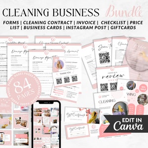 Cleaning Business Bundle, Cleaning Intake form, Service agreement, Cleaning Business flyer, Cleaning Business Cards, Cleaning Social media