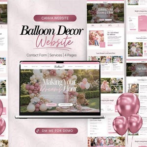 Puede incluir: Un diseño de sitio web para un negocio de decoración con globos se muestra en la pantalla de una computadora portátil, con páginas adicionales alrededor. El diseño presenta un esquema de color rosa y blanco, con el texto "Balloon Decor Website".