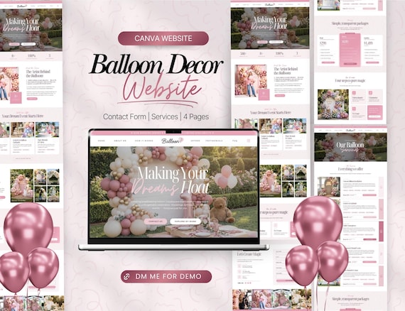 Balloon Artist Website Template, Editable Canva Website Template for balloon decor artist, landing page, balloon artist,