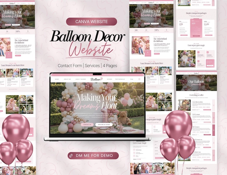 May include: A website design for a balloon decor business is displayed on a laptop screen, with additional pages shown around it. The design features a pink and white color scheme, with the text "Balloon Decor Website". Several pink balloons are in the foreground.