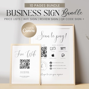 Può includere: Un set di 10 modelli di cartelli commerciali stampabili, modificabili in Canva. I cartelli includono un cartello Wi-Fi gratuito con un codice QR, un cartello "Scansiona per pagare" con un codice QR e un cartello di listino prezzi. I cartelli sono in bianco e nero con un design minimalista moderno.