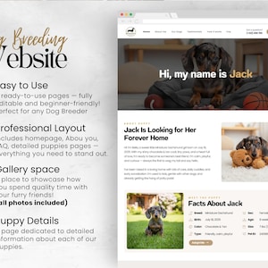 Puede incluir: Dise&ntilde;o de sitio web para un negocio de cr&iacute;a de perros. El sitio web presenta un cachorro de perro salchicha llamado Jack. El sitio destaca caracter&iacute;sticas como f&aacute;cil de usar, dise&ntilde;o profesional, espacio de galer&iacute;a y detalles del cachorro. El texto dice "Dog Breeding Website."