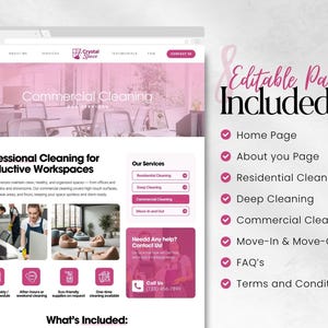 K&ouml;nnte beinhalten: Ein Website-Mockup f&uuml;r einen gewerblichen Reinigungsservice mit rosa und wei&szlig;em Farbschema. Die Website enth&auml;lt Abschnitte f&uuml;r Dienstleistungen, Informationen &uuml;ber das Unternehmen und Kontaktinformationen. Der Text auf der Seite lautet "Commercial Cleaning" und "Professional Cleaning for Productive Workspaces."