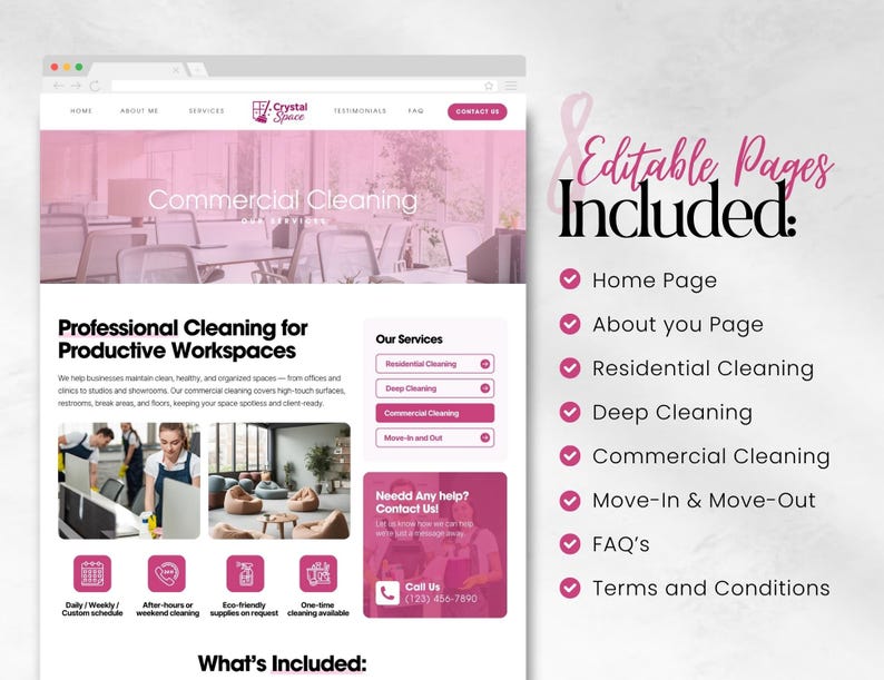 K&ouml;nnte beinhalten: Ein Website-Mockup f&uuml;r einen gewerblichen Reinigungsservice mit rosa und wei&szlig;em Farbschema. Die Website enth&auml;lt Abschnitte f&uuml;r Dienstleistungen, Informationen &uuml;ber das Unternehmen und Kontaktinformationen. Der Text auf der Seite lautet "Commercial Cleaning" und "Professional Cleaning for Productive Workspaces."