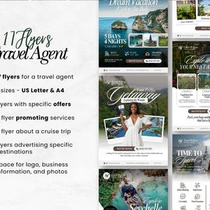 May include: A collection of 11 travel agent flyers in US Letter and A4 sizes. The flyers promote services, cruise trips, and specific destinations. They include space for logos, business information, and photos. The flyers feature travel destinations and offers.
