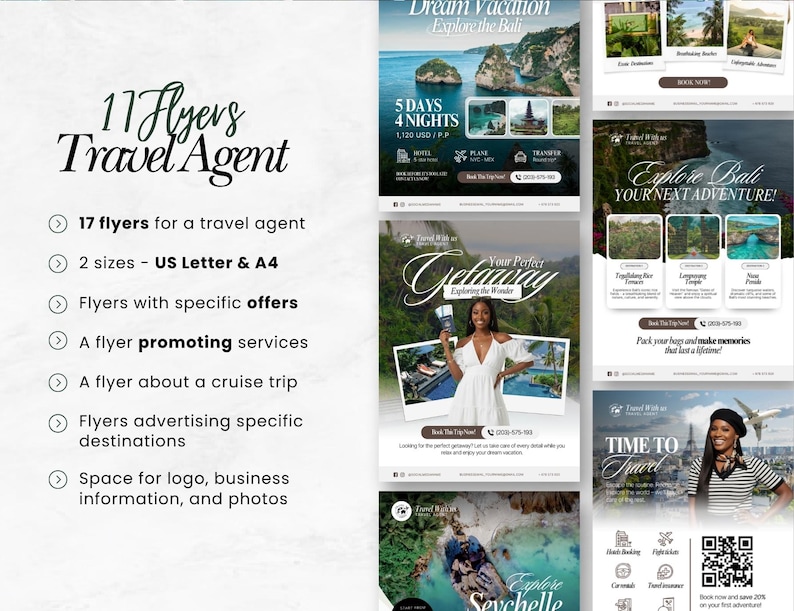 May include: A collection of 11 travel agent flyers in US Letter and A4 sizes. The flyers promote services, cruise trips, and specific destinations. They include space for logos, business information, and photos. The flyers feature travel destinations and offers.