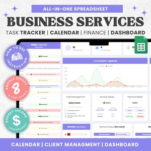 May include: A colorful Google Sheets spreadsheet template for business services. The template includes a daily calendar, task tracker, client management, income and expenses, and a dashboard. The template is designed to help businesses track their progress and manage their finances.