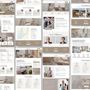 May include: A website design mockup with several pages in a neutral colour scheme. The pages display content related to cleaning services, including text, images of cleaning staff, and customer testimonials. The design is clean and contemporary.