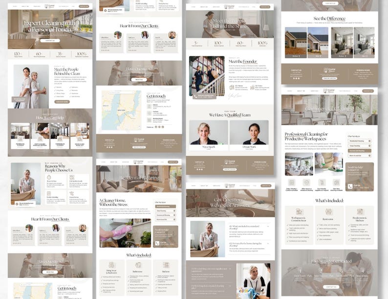 May include: A website design mockup with several pages in a neutral colour scheme. The pages display content related to cleaning services, including text, images of cleaning staff, and customer testimonials. The design is clean and contemporary.