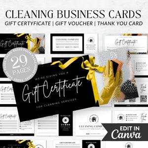 Pacote de certificado de presente de limpeza, negócio de limpeza, sinal de código QR editável, limpeza comercial, voucher de presente de limpeza, serviço de limpeza