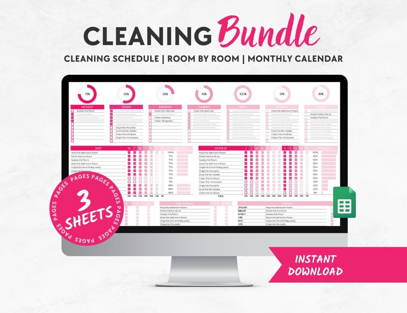 Op de afbeelding: Een digitale download van een roze en witte printbare schoonmaakplanningbundel. De bundel bevat een schoonmaakschema, een kamer-voor-kamer schoonmaakchecklist en een maandelijkse kalender. De tekst "CLEANING Bundle" staat bovenaan de afbeelding. De tekst "CLEANING SCHEDULE | ROOM BY ROOM | MONTHLY CALENDAR" staat onder de titel. De tekst "3 SHEETS" staat in een roze cirkel in het midden van de afbeelding. De tekst "INSTANT DOWNLOAD" staat onderaan de afbeelding.