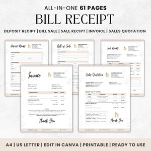 May include: A set of 61 printable pages for a bill receipt, deposit receipt, bill of sale, sale receipt, invoice, and sales quotation. The pages are designed with a light brown background and a cute dog illustration. The text "ALL-IN-ONE 61 PAGES BILL RECEIPT" is at the top of the image. The text "DEPOSIT RECIPT | BILL SALE | SALE RECIPT | INVOICE | SALES QUOTATION" is below the title.