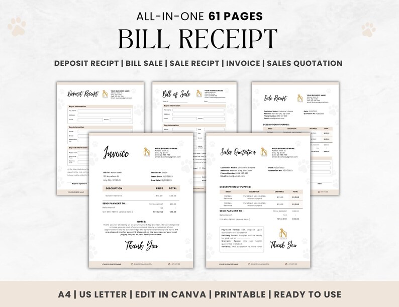 May include: A set of 61 printable pages for a bill receipt, deposit receipt, bill of sale, sale receipt, invoice, and sales quotation. The pages are designed with a light brown background and a cute dog illustration. The text "ALL-IN-ONE 61 PAGES BILL RECEIPT" is at the top of the image. The text "DEPOSIT RECIPT | BILL SALE | SALE RECIPT | INVOICE | SALES QUOTATION" is below the title.