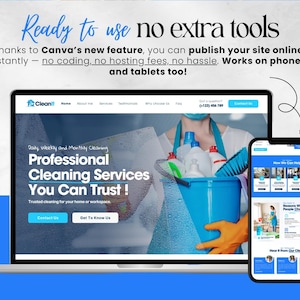 Op de afbeelding: Een laptop en een smartphone tonen een website voor "Clean It" schoonmaakdiensten. Het laptopscherm toont de homepage met de tekst: "Professionele schoonmaakdiensten waarop u kunt vertrouwen!" De smartphone toont een andere pagina van de website.