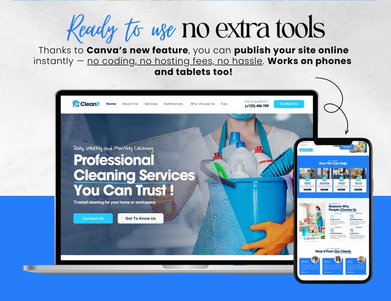 Op de afbeelding: Een laptop en een smartphone tonen een website voor "Clean It" schoonmaakdiensten. Het laptopscherm toont de homepage met de tekst: "Professionele schoonmaakdiensten waarop u kunt vertrouwen!" De smartphone toont een andere pagina van de website.