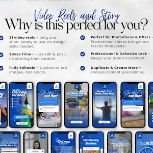 May include: A promotional image showcasing a collection of smartphone screens with cleaning service themes. The text "Video Reels and Story" is at the top, with bullet points highlighting features like editable content and promotional benefits. The screens display various cleaning service-related content.
