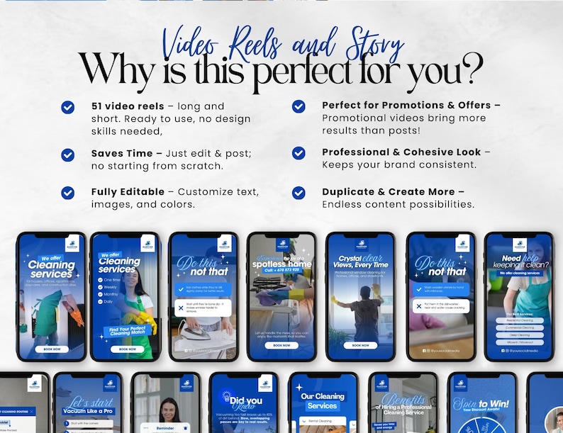 May include: A promotional image showcasing a collection of smartphone screens with cleaning service themes. The text "Video Reels and Story" is at the top, with bullet points highlighting features like editable content and promotional benefits. The screens display various cleaning service-related content.
