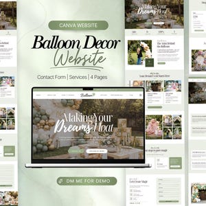 Könnte beinhalten: Webdesign für ein Ballon-Dekorationsunternehmen, angezeigt auf einem Laptop und mehreren anderen Seiten. Die Website verfügt über ein sanftes Grün-Weiß-Farbschema mit Bildern von Ballonarrangements. Text enthält "Making Your Dreams Float".