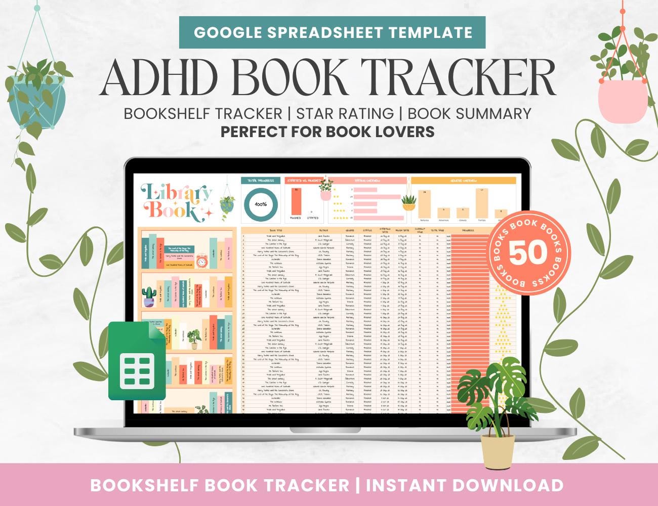 Digital Book Tracker: Bookshelf Reading Log, Google Sheets Template