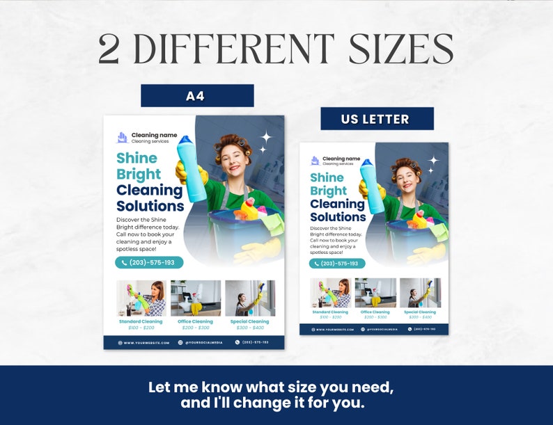 Puede incluir: Un folleto que anuncia servicios de limpieza con el texto "Shine Bright Cleaning Solutions". El folleto presenta a una mujer sosteniendo una botella de limpieza y un cubo. El folleto tambi&eacute;n incluye un n&uacute;mero de tel&eacute;fono y una direcci&oacute;n de sitio web.