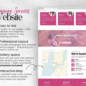 K&ouml;nnte beinhalten: Ein Website-Design f&uuml;r Reinigungsdienste, pr&auml;sentiert in Rosa und Wei&szlig;. Das Design umfasst Bereiche f&uuml;r Testimonials, ein Kontaktformular und eine interaktive Karte. Der Text hebt Funktionen wie Benutzerfreundlichkeit und professionelles Layout hervor.