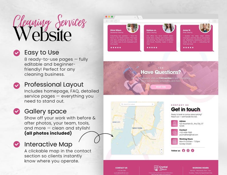 K&ouml;nnte beinhalten: Ein Website-Design f&uuml;r Reinigungsdienste, pr&auml;sentiert in Rosa und Wei&szlig;. Das Design umfasst Bereiche f&uuml;r Testimonials, ein Kontaktformular und eine interaktive Karte. Der Text hebt Funktionen wie Benutzerfreundlichkeit und professionelles Layout hervor.