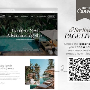May include: A website design for a luxury travel brand, featuring a pool and tropical scenery. The text reads "Plan Your Next Adventure Together" and "Meet the People Behind the Journey." The image also includes a QR code and text that says "See this PAGE LIVE!"