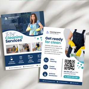 Puede incluir: Un folleto que anuncia servicios de limpieza. El folleto presenta a una mujer con uniforme de limpieza y guantes amarillos, junto con una lista de los servicios que se ofrecen, que incluyen desinfecci&oacute;n antiviral, eliminaci&oacute;n de residuos, limpieza de oficinas, limpieza de alfombras y un c&oacute;digo QR para un descuento. El folleto tambi&eacute;n incluye el n&uacute;mero de tel&eacute;fono (203)-575-193.