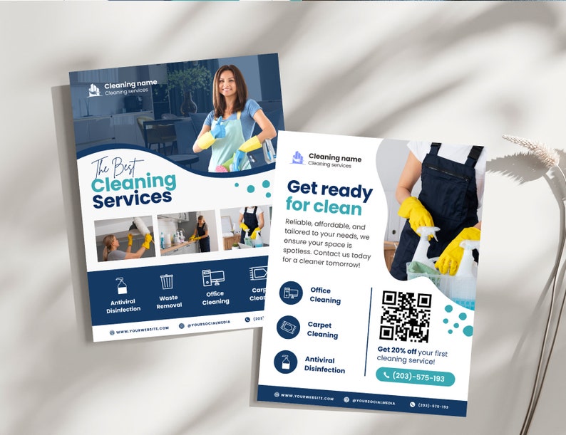 Puede incluir: Un folleto que anuncia servicios de limpieza. El folleto presenta a una mujer con uniforme de limpieza y guantes amarillos, junto con una lista de los servicios que se ofrecen, que incluyen desinfecci&oacute;n antiviral, eliminaci&oacute;n de residuos, limpieza de oficinas, limpieza de alfombras y un c&oacute;digo QR para un descuento. El folleto tambi&eacute;n incluye el n&uacute;mero de tel&eacute;fono (203)-575-193.