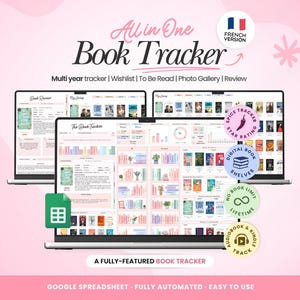 Peut inclure: Un suivi de lecture numérique affiché sur trois écrans d'ordinateur, avec une interface rose et blanche présentant des couvertures de livres, des graphiques et des étagères. Le texte inclut All in One Book Tracker, Multi year tracker, Wishlist, To Be Read, Photo Gallery, Review et Google Spreadsheet.