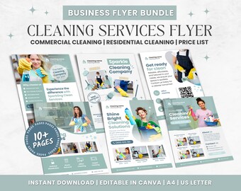 May include: A flyer bundle for cleaning services. The flyer features a green and white colour scheme with images of people cleaning. The text on the flyer reads "Cleaning Services Flyer", "Commercial Cleaning | Residential Cleaning | Price List", and "10+ Pages".