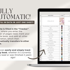 May include: A laptop computer screen displaying a spreadsheet with a list of book titles, authors, and cover images. The spreadsheet is titled "Tracker" and includes a column for "Book Title", "Cover", and "Author". The spreadsheet is being used to track books read.