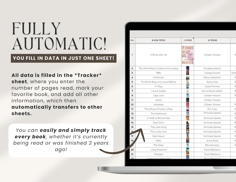 May include: A laptop computer screen displaying a spreadsheet with a list of book titles, authors, and cover images. The spreadsheet is titled "Tracker" and includes a column for "Book Title", "Cover", and "Author". The spreadsheet is being used to track books read.