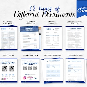 May include: A digital document template with 32 pages of different documents, including a cleaning checklist, invoice template, and feedback form. The documents are in US Letter and A4 sizes, with a blue and white design.