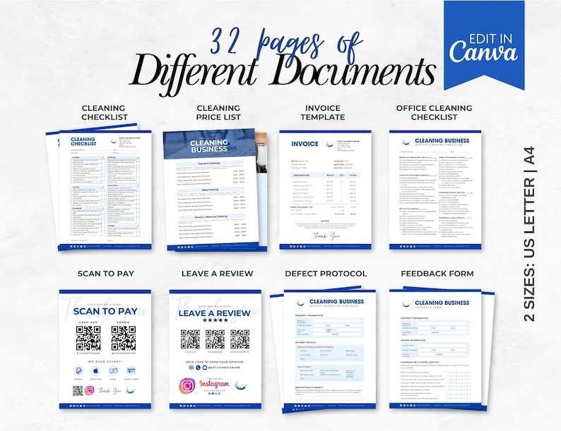May include: A digital document template with 32 pages of different documents, including a cleaning checklist, invoice template, and feedback form. The documents are in US Letter and A4 sizes, with a blue and white design.