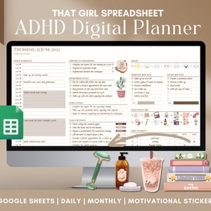 ADHD Planner That Girl | Google Sheets | Daily, Monthly ADHD Digital Planner | Editable ADHD Planner Adult | 2025 Self Care planner