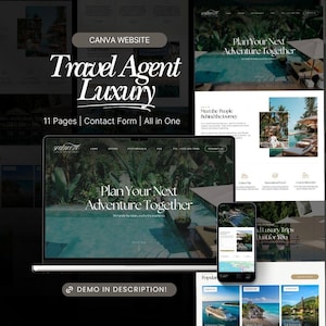 Op de afbeelding: Een digitale mockup van een Canva website-ontwerp voor een reisagent, met een luxueus thema. Het ontwerp bevat 11 pagina's, een contactformulier en diverse reisgerelateerde afbeeldingen. De tekst luidt "Travel Agent Luxury" en "Plan Your Next Adventure Together."